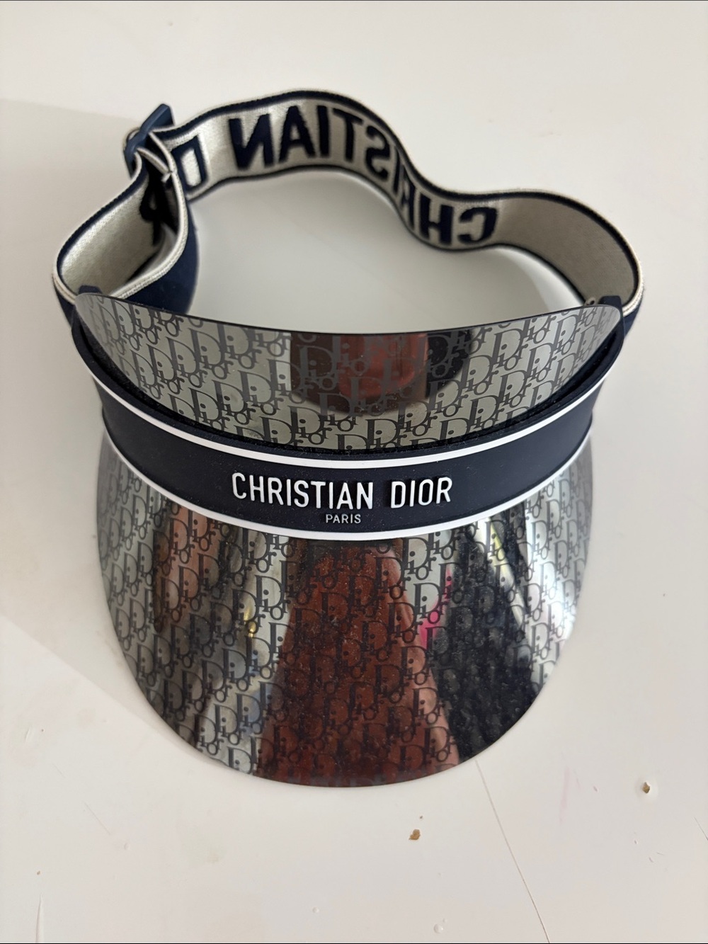 Dior Men’s Silver Logo Visor with Navy Band